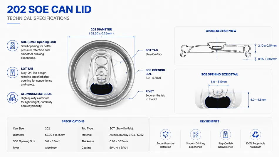 202 SOT SOE can lid technical specifications and dimensions for beverage cans
