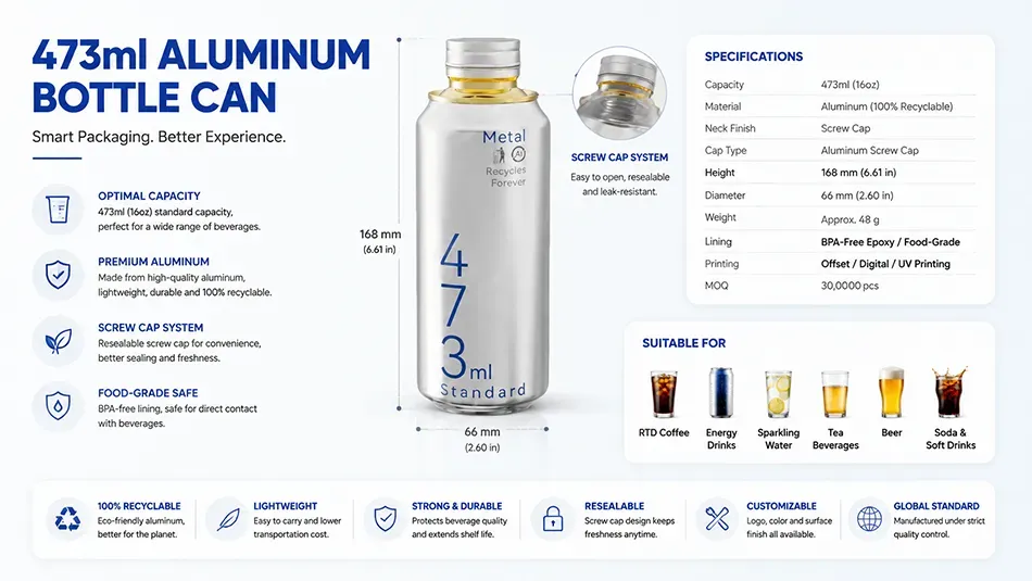 473ml resealable screw cap aluminum can technical specifications for beverage packaging