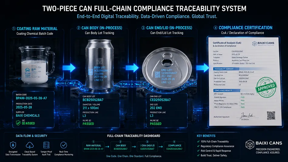 A batch traceability workflow showing the data link between BPANI coating lot codes, can bodies, can lids, and the final certificate of compliance