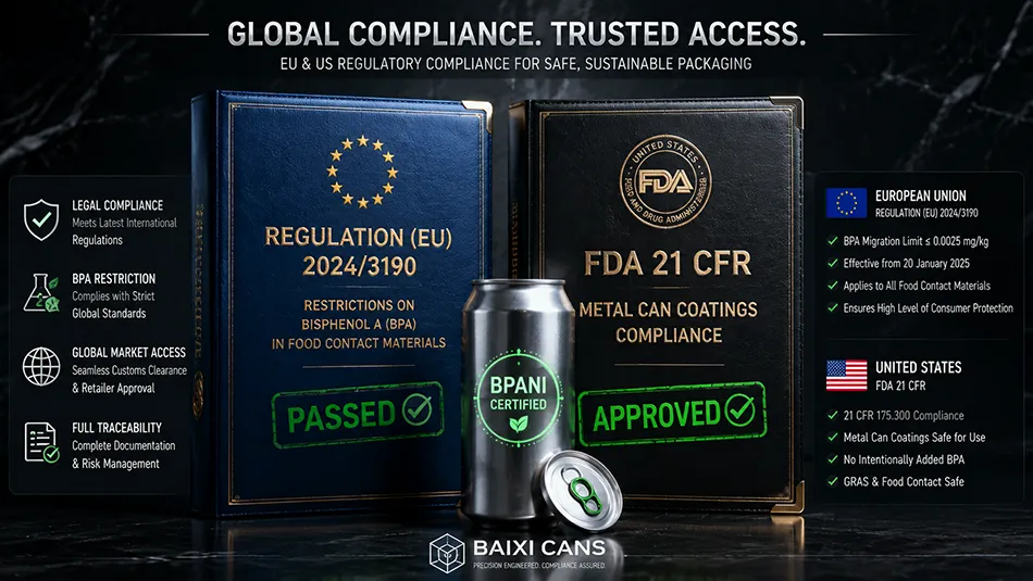 A compliance document folder graphic representing European Commission Regulation EU 2024/3190 and FDA food-contact standards for metal can coatings