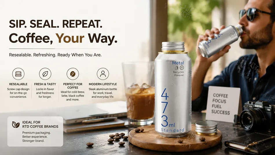 473ml resealable screw cap aluminum can for ready to drink coffee packaging