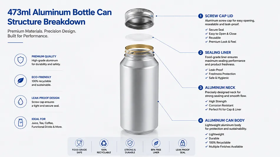 473ml resealable screw cap aluminum can structure diagram hybrid beverage packaging