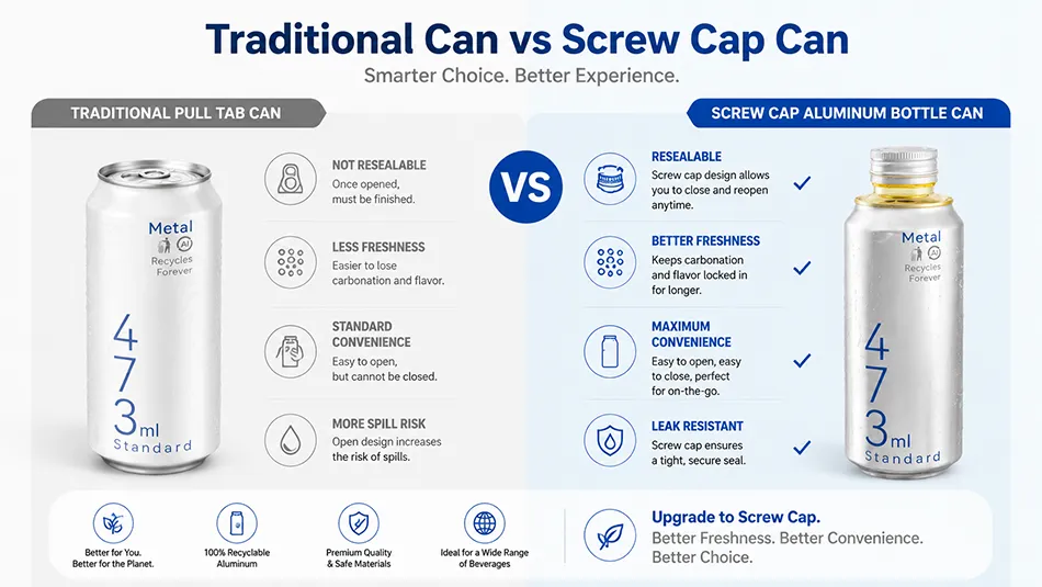 473ml resealable screw cap aluminum can vs traditional beverage can comparison