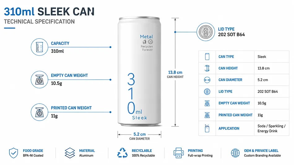 310ml sleek aluminum can specification with 202 SOT lid for beverage packaging