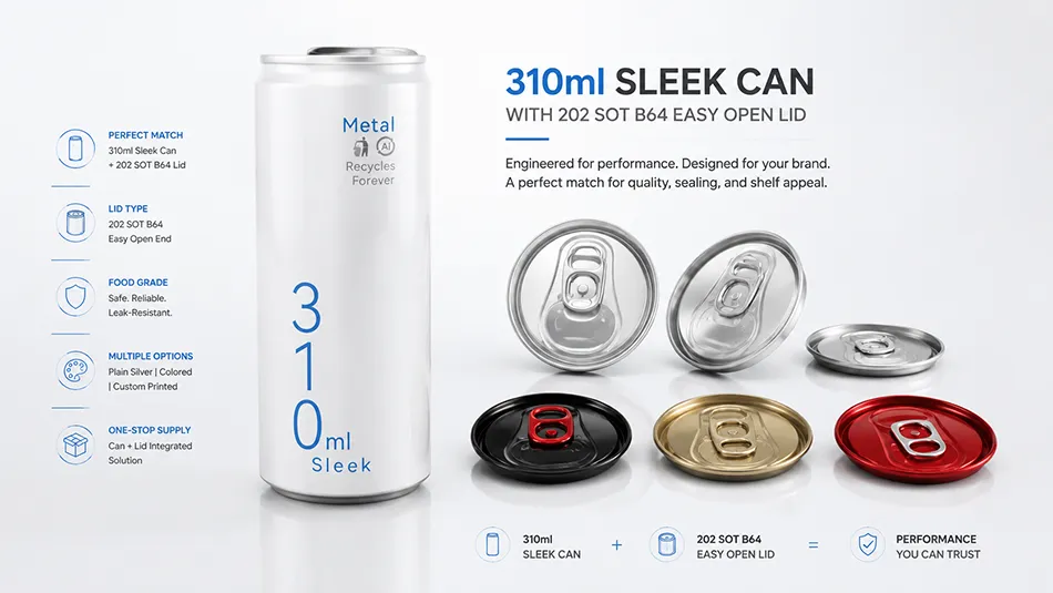 310ml sleek aluminum can with 202 SOT easy open lid for carbonated beverage packaging