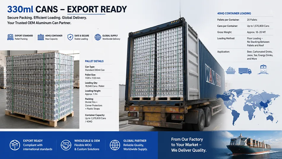 330ml aluminum beverage cans export pallet packaging wholesale supplier from China