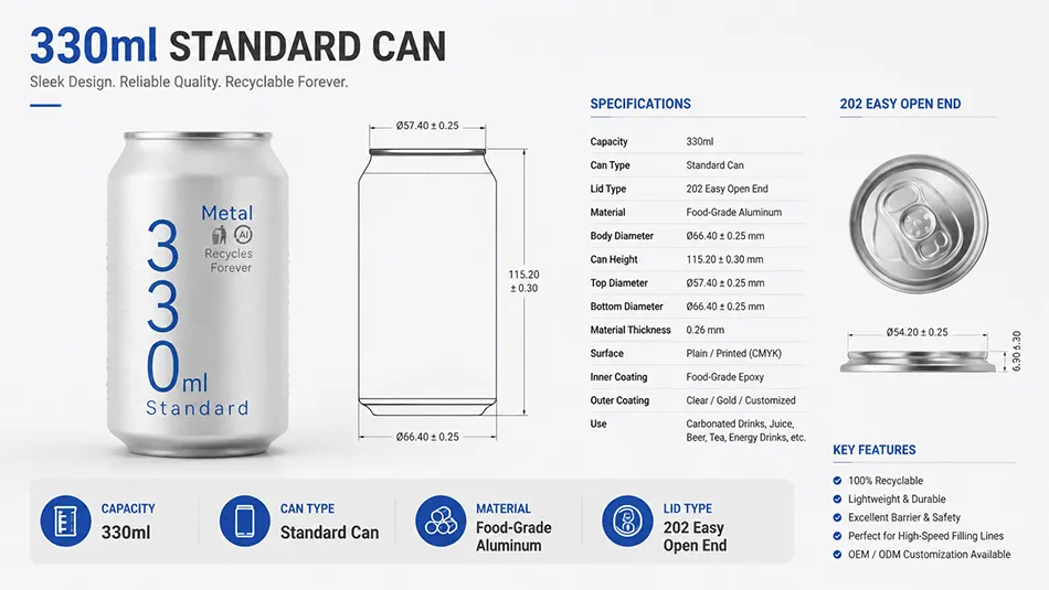 330ml standard aluminum beverage can specifications with 202 easy open end lid