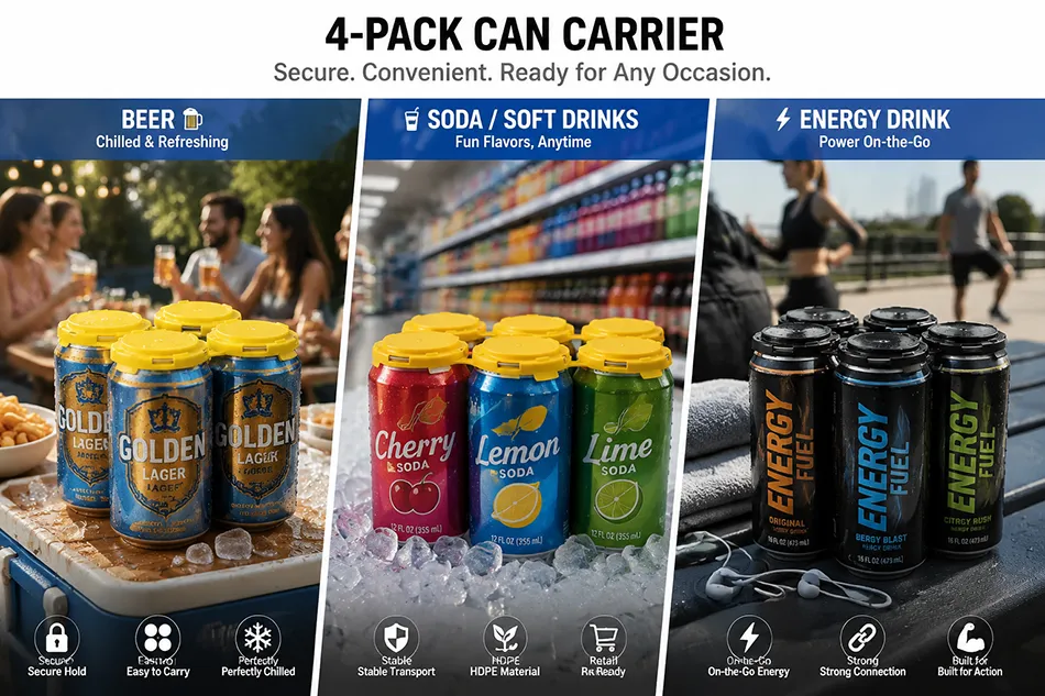 HDPE 4 pack can carrier for carbonated drinks packaging and retail beverage distribution