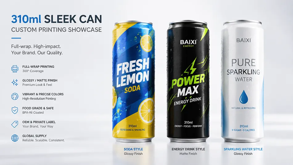 custom printed 310ml sleek aluminum cans for private label soda sparkling water and energy drinks