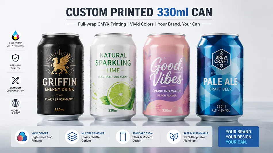 custom printed 330ml aluminum beverage cans for soda and beer OEM branding
