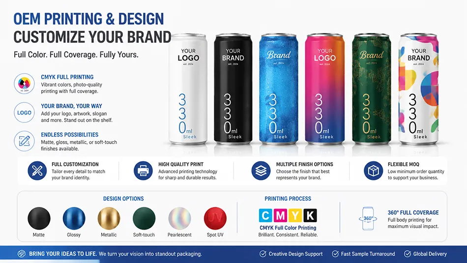 custom printed 330ml sleek aluminum cans OEM branding beverage packaging supplier