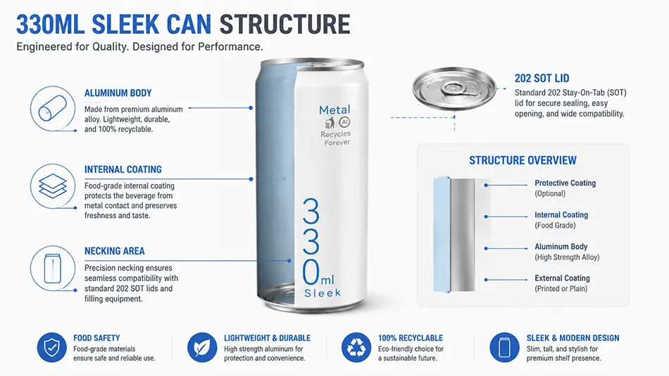 330ml sleek aluminum can structure diagram with 202 SOT lid beverage packaging