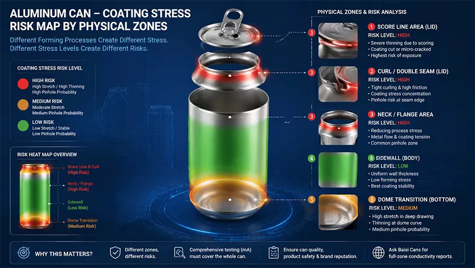 A 3D mechanical breakdown map of an aluminum beverage can and lid identifying different physical risk zones for enamel rating checks