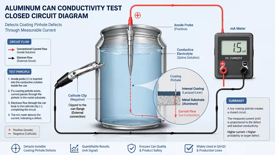 A technical diagram illustrating the electrical circuit of an enamel rating test with a saline electrolyte solution inside an aluminum can body to measure milliamp current