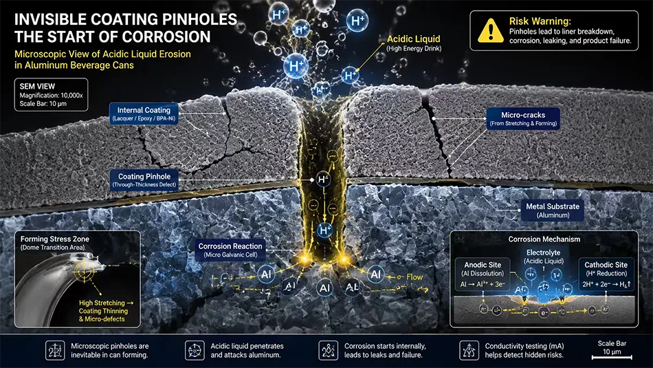 A high-magnification microscopic view showing invisible micro-cracks and pinholes in a beverage can liner exposed to acidic liquid attack