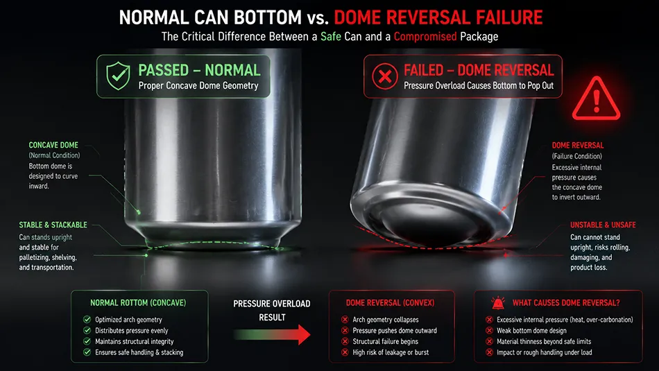 A side-by-side comparison diagram of a normal concave aluminum can bottom dome and a failed reversed bulged dome caused by excessive internal pressure