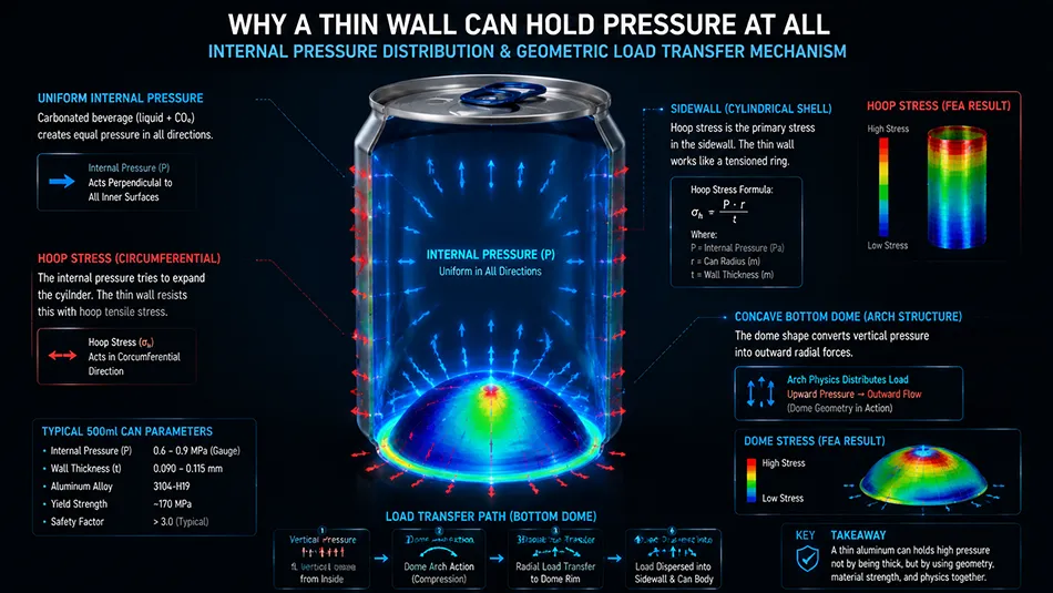 A technical engineering diagram visualizing internal pressure stress distribution and hoop stress vectors inside an aluminum beverage can wall and bottom dome