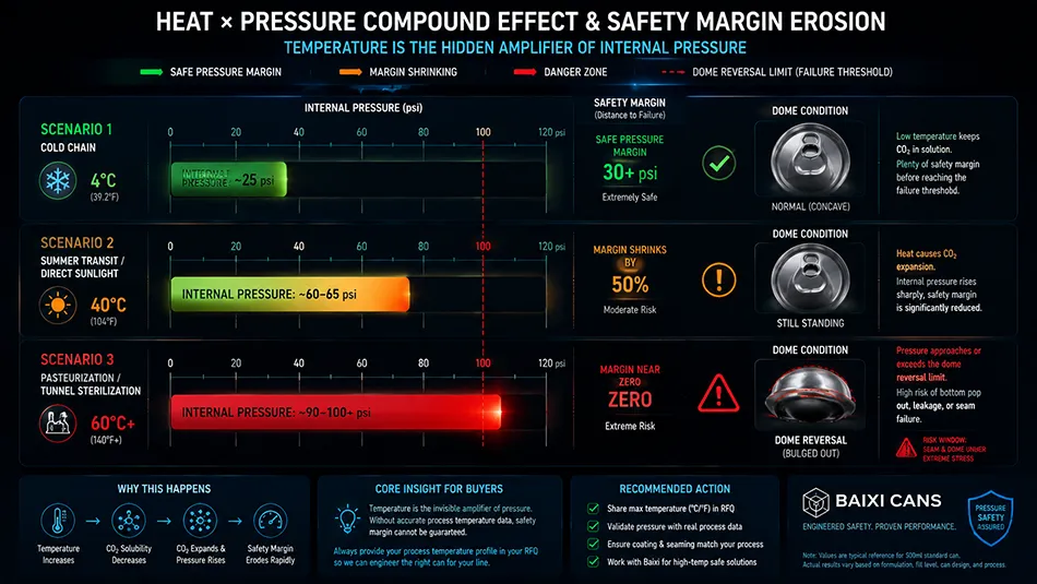 A technical risk matrix chart showing how rising storage temperature reduces the internal pressure safety margin of carbonated beverage cans