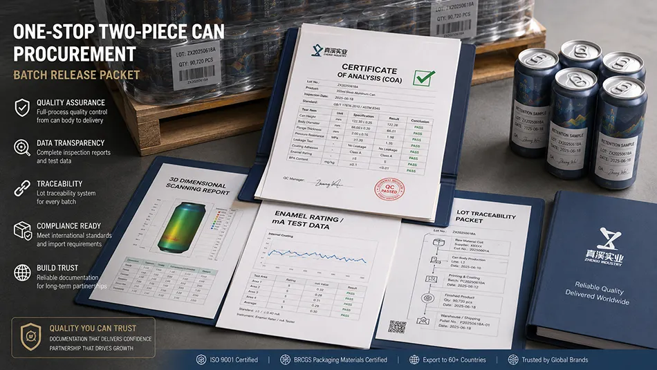 A comprehensive product release packet folder containing COA, dimensional reports, coating traceability records, and custom printed aluminum cans