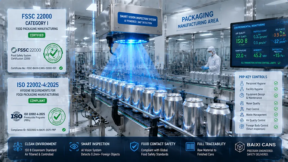 An advanced automated beverage can manufacturing plant environment showing hygiene and foreign-matter control complying with ISO 22002-4