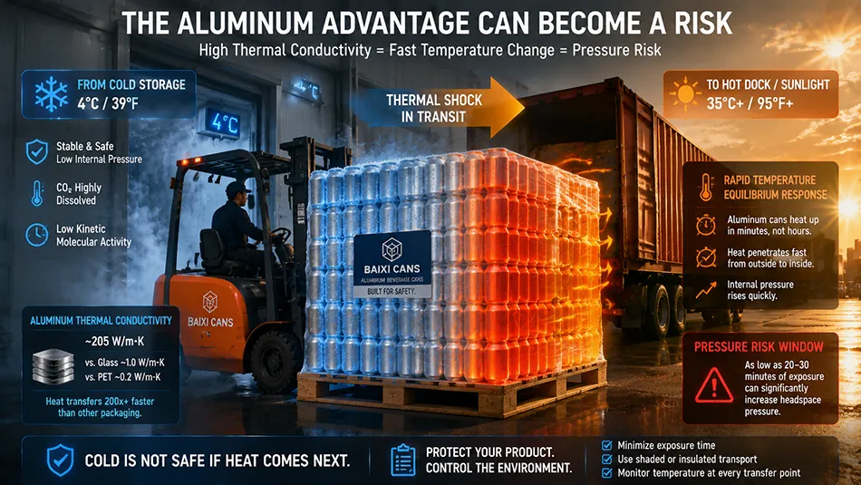 An infographic illustrating the high thermal conductivity of aluminum beverage cans absorbing environmental heat rapidly during transit and logistics warehousing