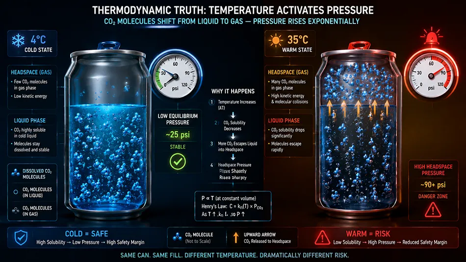 A thermodynamic diagram showing how rising temperature causes CO2 molecules to leave liquid solution and enter the headspace of an aluminum beverage can, increasing internal pressure