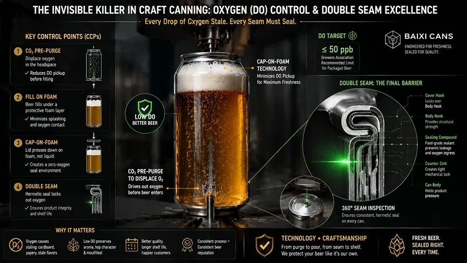 An infographic showing critical control points for draft beer to-go canning including CO2 purging, foam control to minimize dissolved oxygen, and double seam integrity