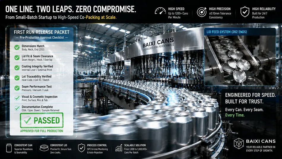 A dynamic view of high-speed beverage canning machinery processing aluminum cans and lids, highlighting changeover and release inspection packet parameters