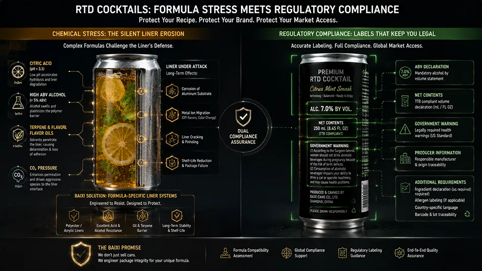 A technical matrix visualizing how RTD cocktail chemical elements like citric acid, alcohol ABV, and flavor oils impact polymer liners and TTB labeling compliance