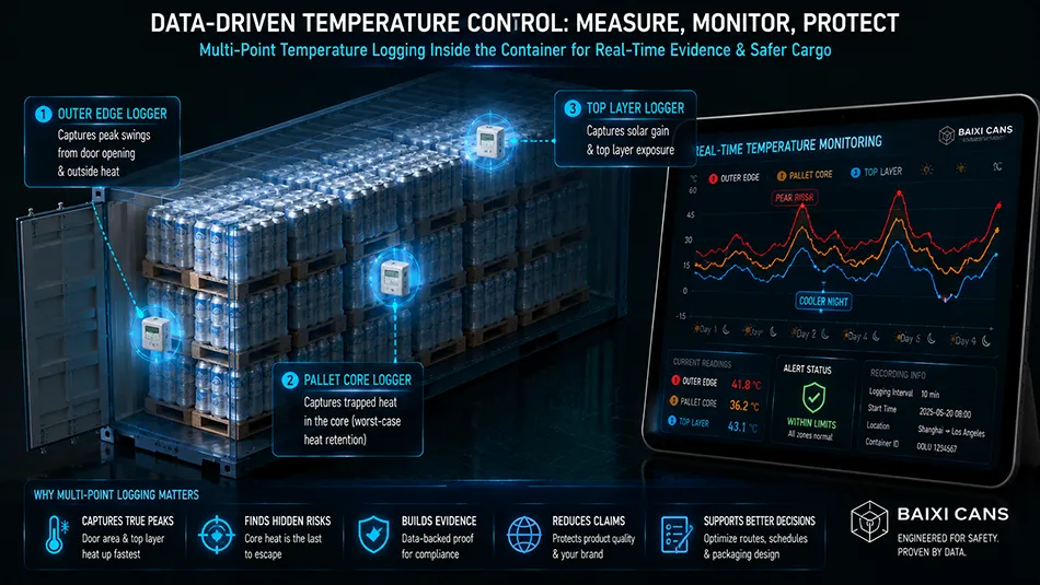 A 3D transparent view of a shipping container packed with aluminum beverage cans showing the strategic placement of temperature data loggers