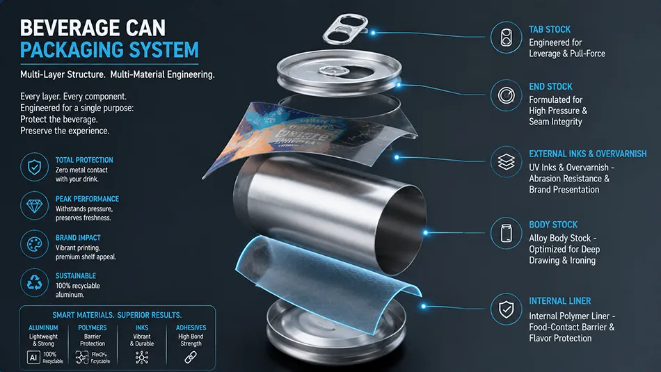 An exploded-view technical diagram illustrating the material components of an aluminum beverage can system including body stock, end, tab, internal liner, and external print layers
