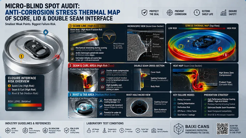 An engineering stress-map infographic pinpointing vulnerable corrosion areas around aluminum can ends, score lines, and double seams during high-acid beverage filling