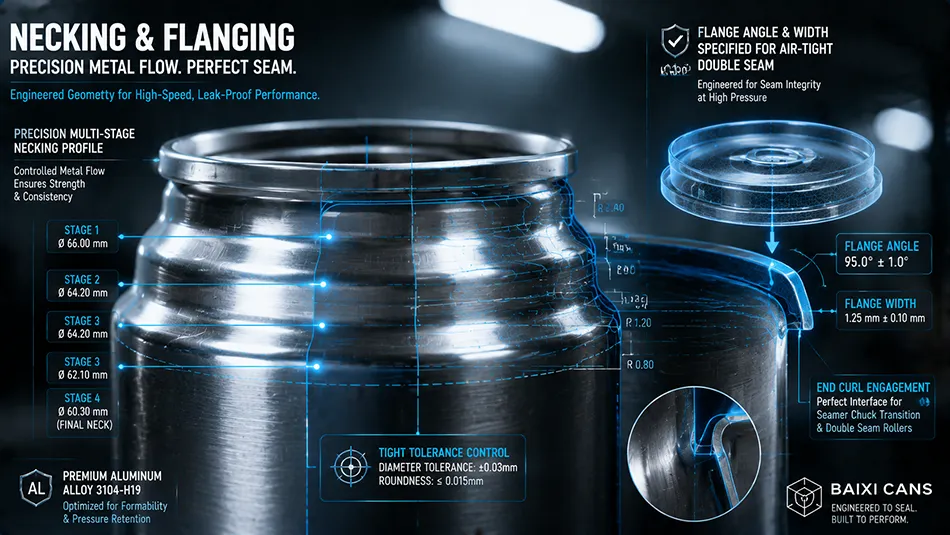 A close-up engineering schematic of the aluminum can necking and flanging manufacturing processes ensuring precise diameter for double seaming