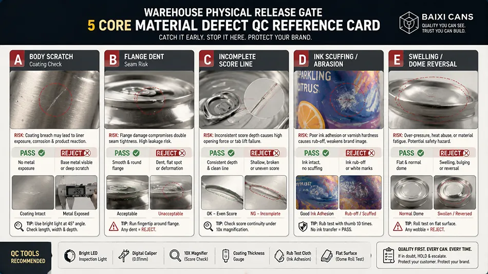 A quality management reference guide capturing 5 typical material defects of beverage cans for receiving check and supplier release evaluation
