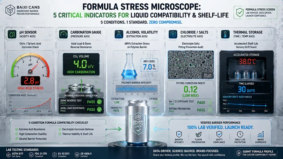 A laboratory screening matrix analyzing 5 beverage stress elements including pH, carbonation, and alcohol to evaluate internal can coating performance over shelf life