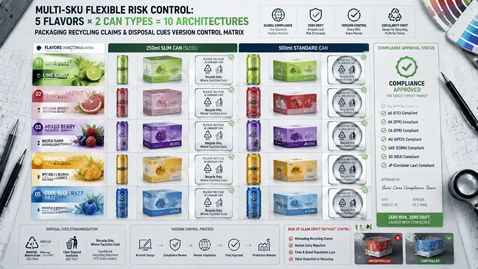 A B2B quality control matrix demonstrating artwork revision and recycling message alignment across 5 flavors and 2 can sizes to prevent claim drift