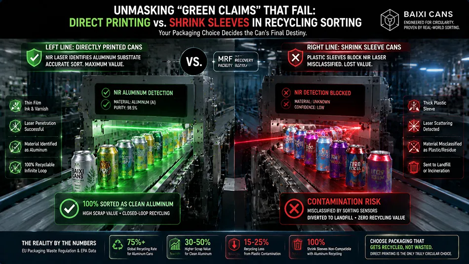 A technical infographic comparing direct-to-can metal printing with heavy plastic shrink sleeves regarding optical sorting efficiency at recycling facilities