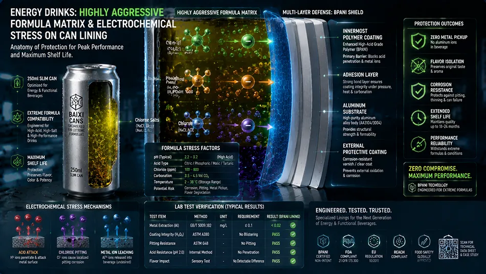 A technical cross-section schematic illustrating how high-acid energy drink formulas containing citric acid, preservatives, and chlorides stress the internal aluminum can polymer barrier