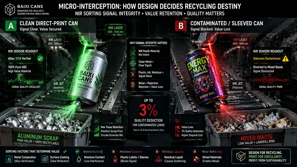 A technical schematic demonstrating how non-separable plastic sleeves and moisture create sorting confusion and contamination deductions during automated recycling