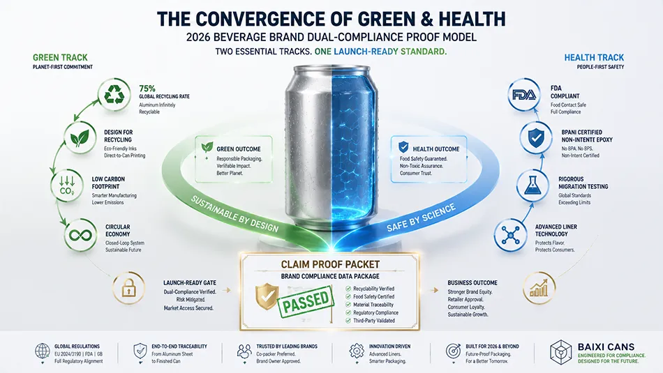 A B2B conceptual infographic showing the convergence of green circularity and food-contact liner compliance as a dual proof path for premium aluminum can sourcing