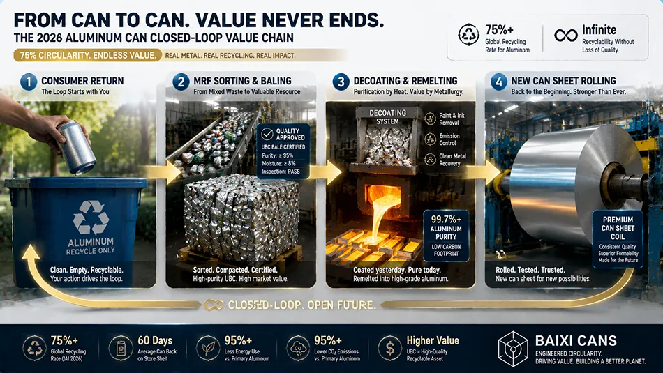 A comprehensive B2B infographic mapping the lifecycle of a used beverage can UBC from consumer disposal and MRF sorting to remelting and new aluminum can sheet rolling