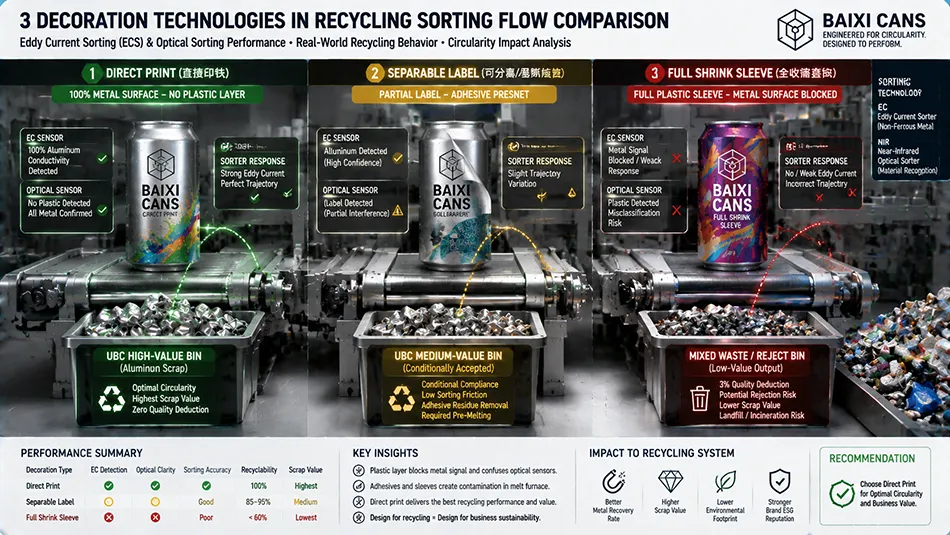 An engineering schematic comparing the recycling sorting performance of three aluminum can decoration routes: direct print, separable label, and full shrink sleeve