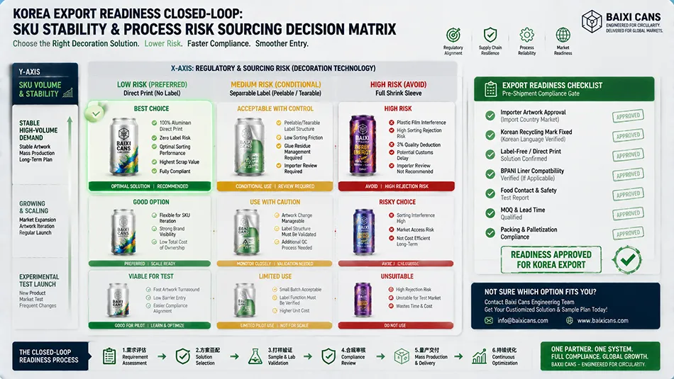 A B2B procurement matrix mapping beverage SKU stability against decoration risk for South Korea export compliance and artwork release