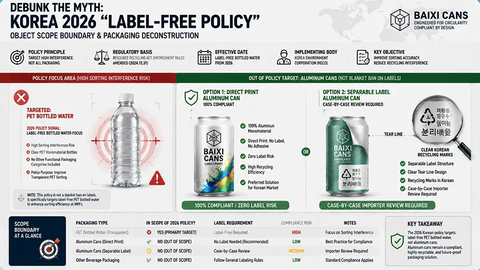 A technical compliance graphic delineating South Korea's 2026 label-free bottled water policy scope compared to aluminum can decoration regulations