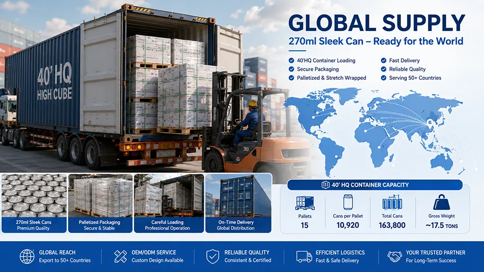 40HQ container loading for 270ml sleek aluminum cans