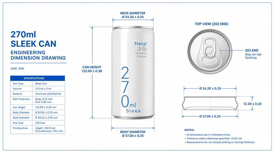 270ml sleek aluminum can dimensions with 202 SOT B64 lid