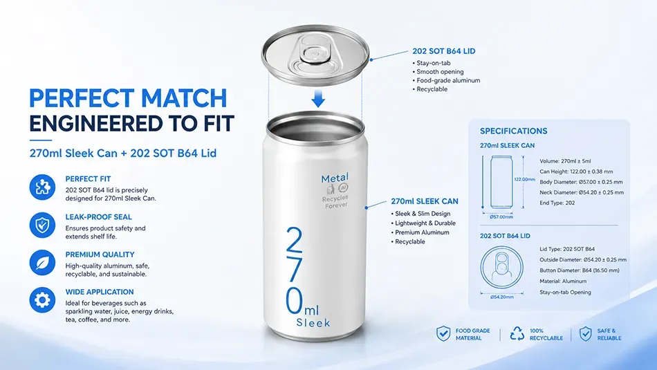 270ml sleek aluminum can compatible with 202 SOT B64 lid
