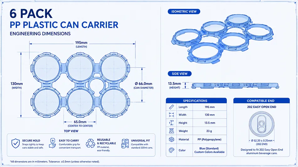 6 pack PP plastic can carrier dimensions 195mm x 130mm