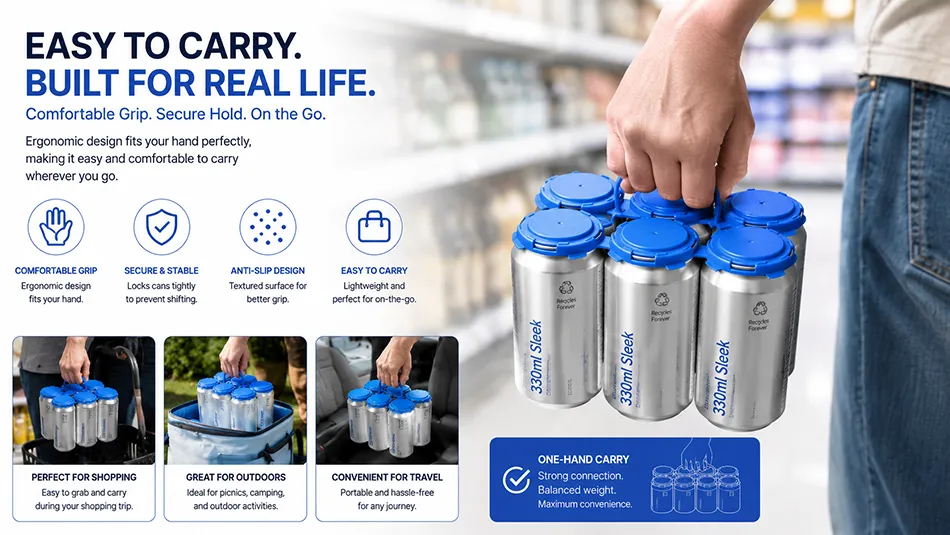 consumer carrying beverage cans with PP plastic carrier