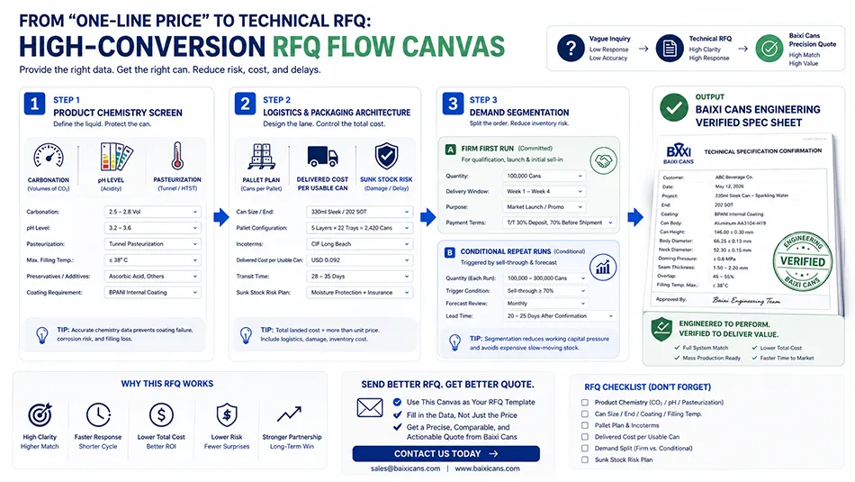 A B2B sourcing workflow illustrating how to structure a professional aluminum can RFQ covering beverage chemistry, logistics, and line fit for Baixi Cans
